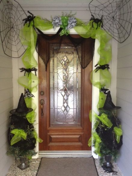 Green garland and Halloween trees.