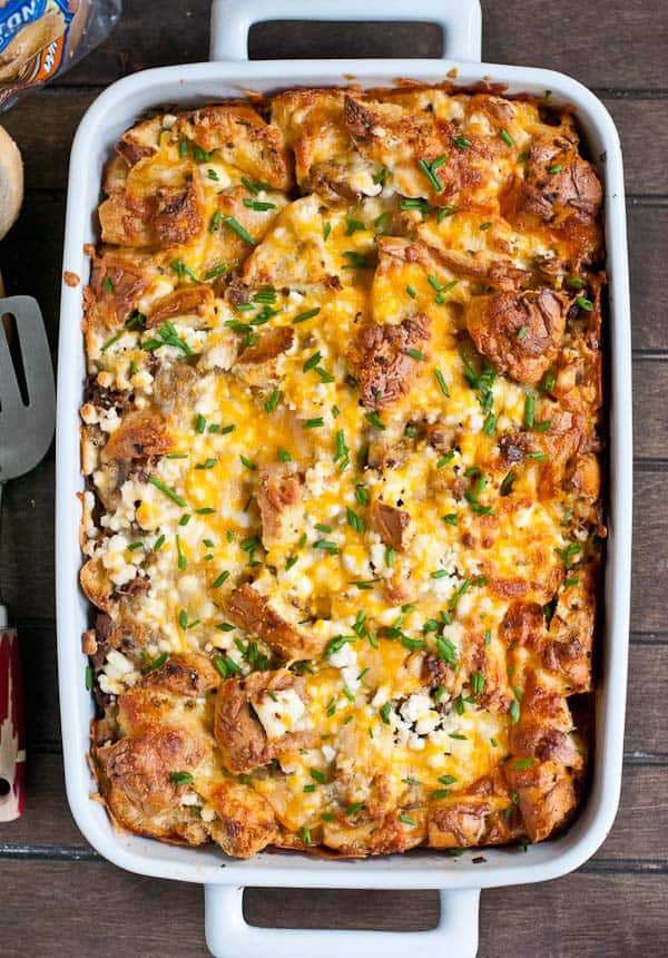 Sausage, Goat Cheese, and Chive Bagel Strata by Neighbor Food