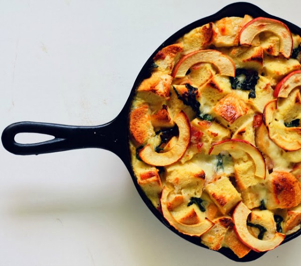 Savory Bread Pudding with Apples, Chard, Pancetta and White Cheddar from Bird & Cleaver