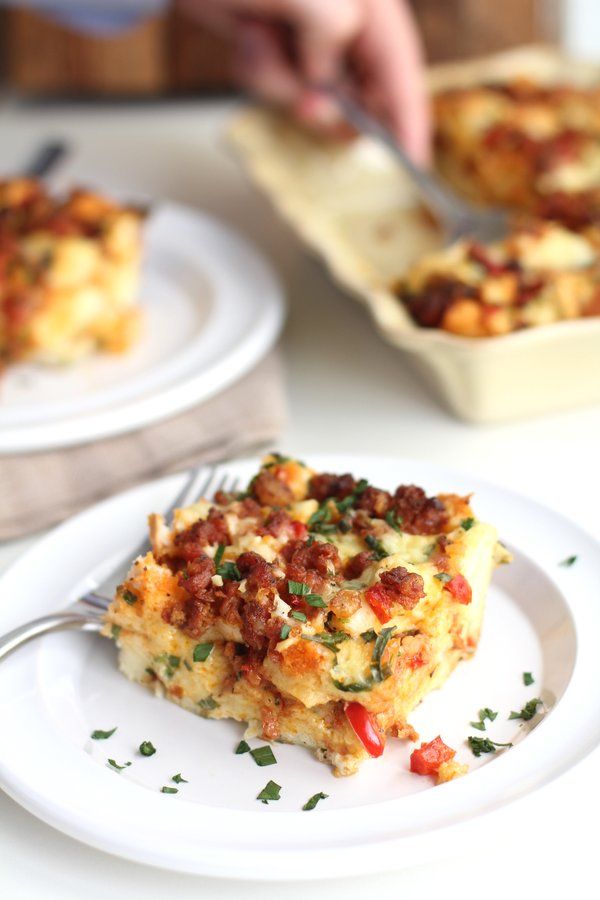 Spicy Breakfast Strata with Chorizo, Red Pepper and Cheddar from Inquiring Chef