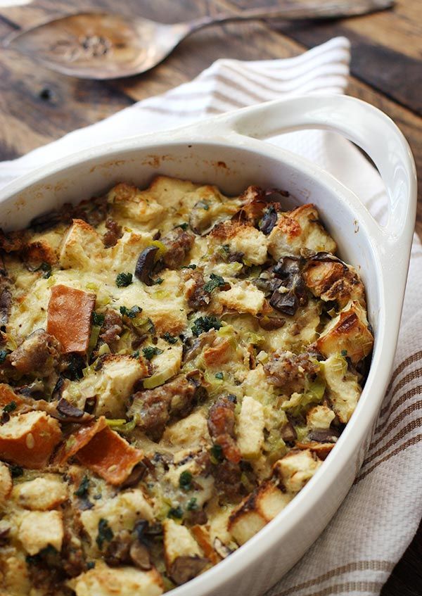 Wild Mushroom Bread Pudding with Sausage and Gruyere from Soup Addict