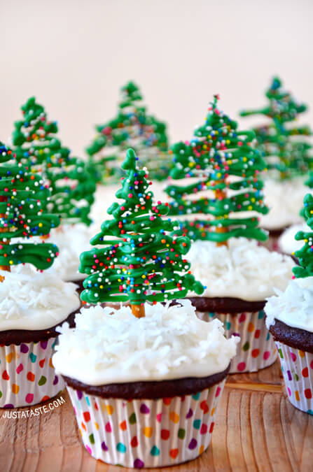 Chocolate Christmas Tree Cupcakes with Cream Cheese Frosting