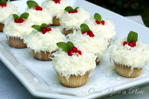 Mini Vanilla Cupcakes with Cream Cheese Frosting and Coconut via Once Upon a Plate