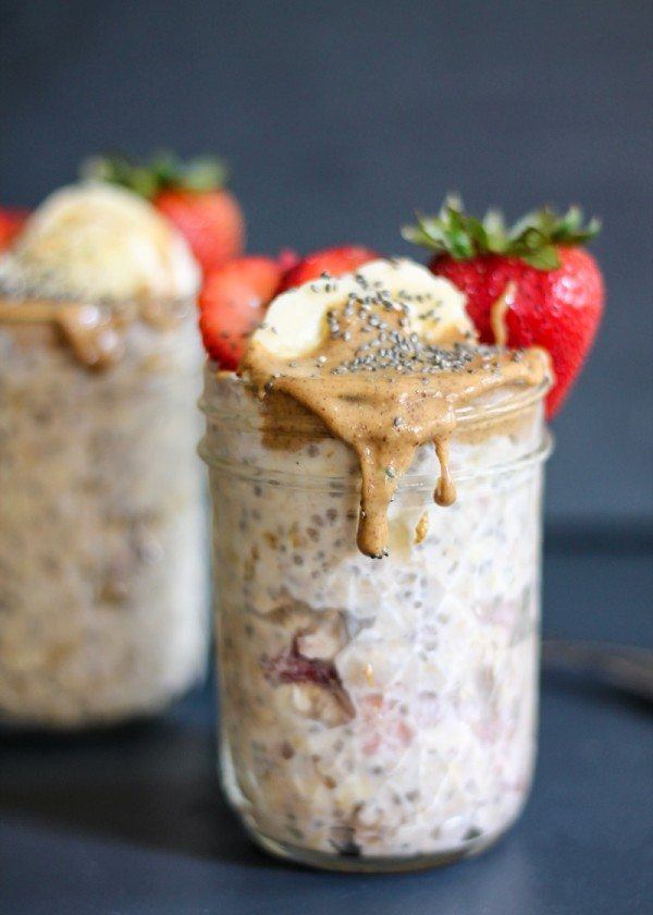 Almond Butter, Strawberry and Banana Overnight Oats.