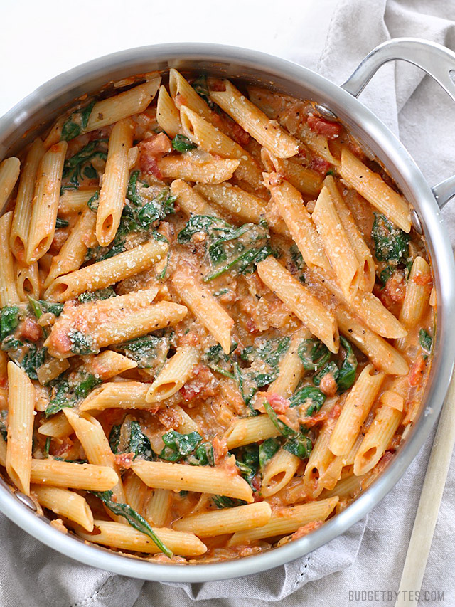 Creamy Tomato and Spinach Pasta.