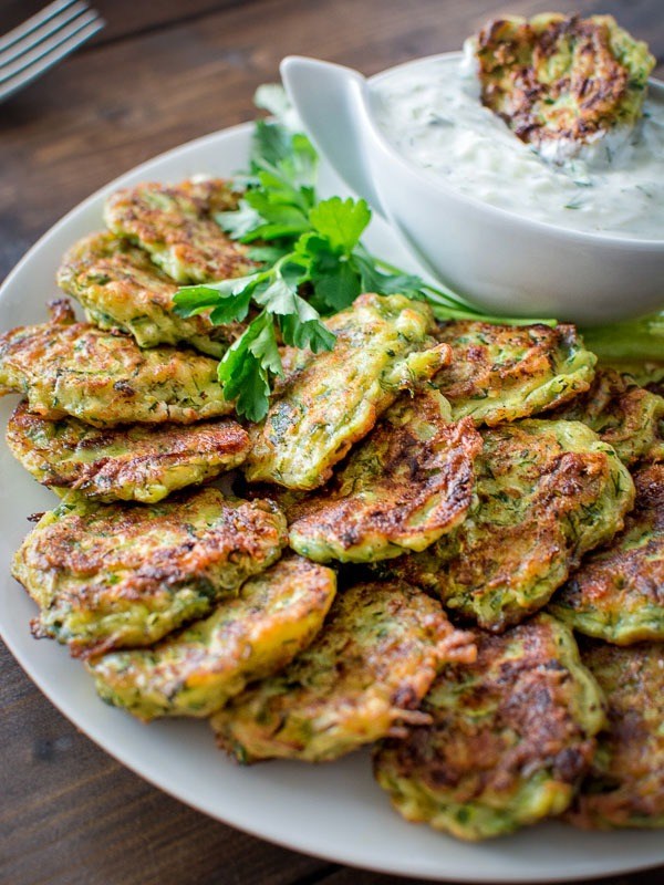 Greek Zucchini Fritters & Leftover Meatballs.