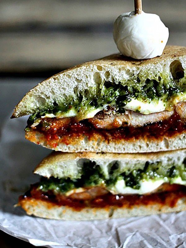 Grilled Chicken Melt with Pesto & Sun-Dried Tomato.