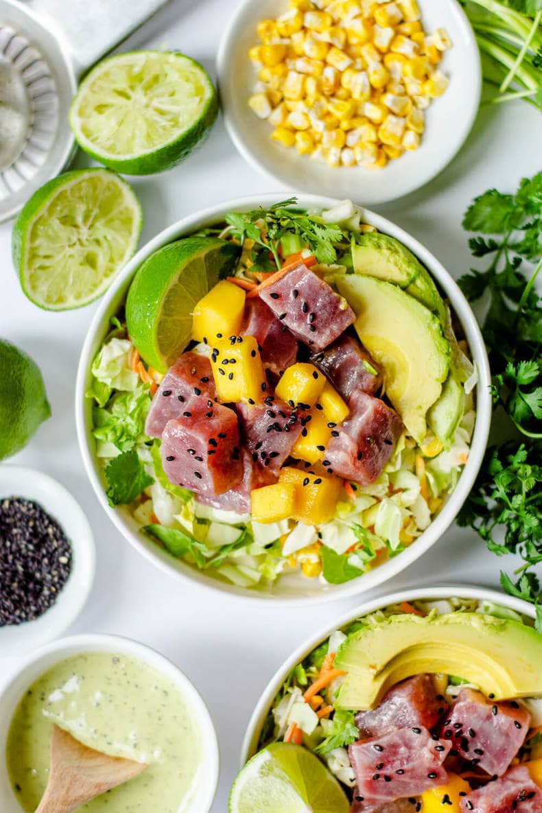 40 Salad Recipes for Summer that are Healthy and Fresh 3 Avocado Ranch Ahi Tuna Poke Bowl with Mango via The Butter Half