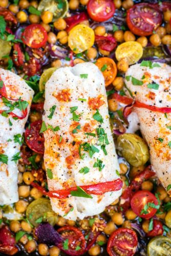 Cod with Chorizo and Chickpeas.