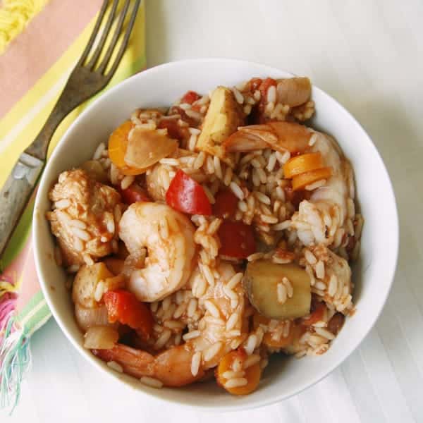 Easy Slow Cooker Chicken and Shrimp Jambalaya.