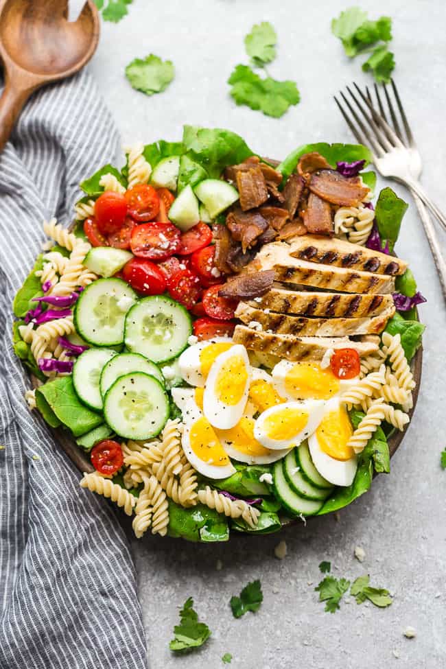 50 Summer Dinner Recipes Perfect for Late-Night Summer 19 Grilled Chicken Cobb Pasta Salad via Life Made Sweeter