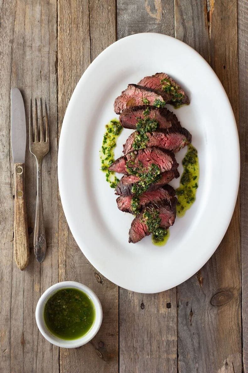50 Summer Dinner Recipes Perfect for Late-Night Summer 24 Hanger Steak with Salsa Verde via Brina's Bites