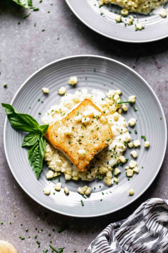 50 Summer Dinner Recipes Perfect for Late-Night Summer 33 Pan Roasted Halibut with Creamed Corn.