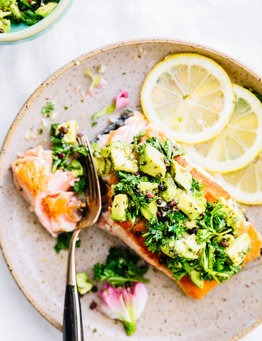 50 Summer Dinner Recipes Perfect for Late-Night Summer 34 Pan-Seared Salmon with Avocado Gremolata.