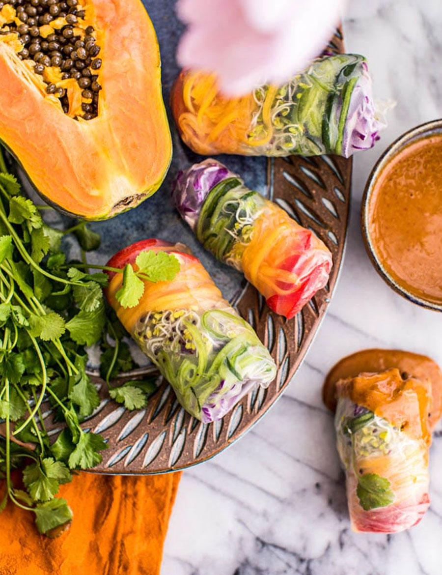 Rainbow Spring Rolls with Papaya Noodles & Spicy Peanut Sauce.