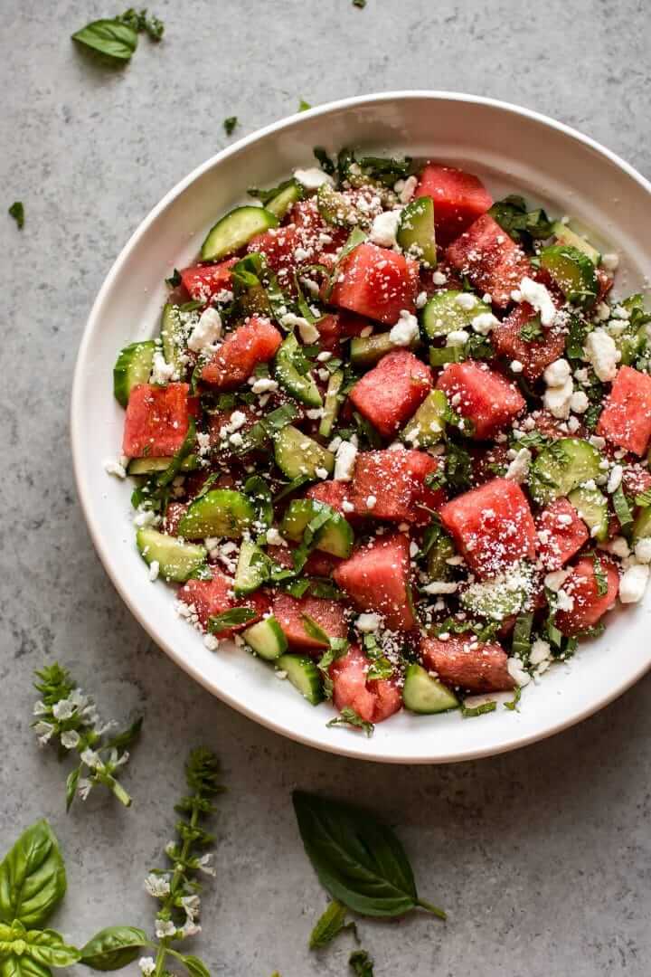 Simple Watermelon Feta Salad with Cucumber Basil and Mint via Salt & Lavender