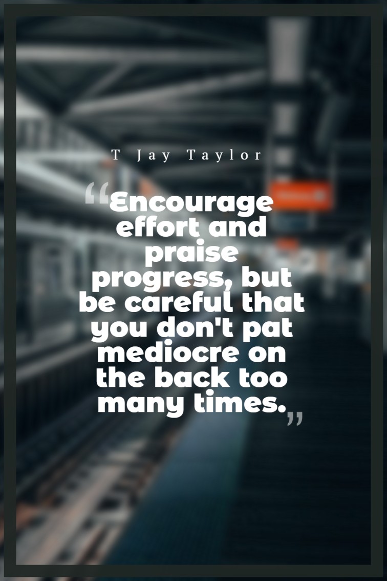 Encourage effort and praise progress but be careful that you dont pat mediocre on the back too many times. ― T Jay Taylor