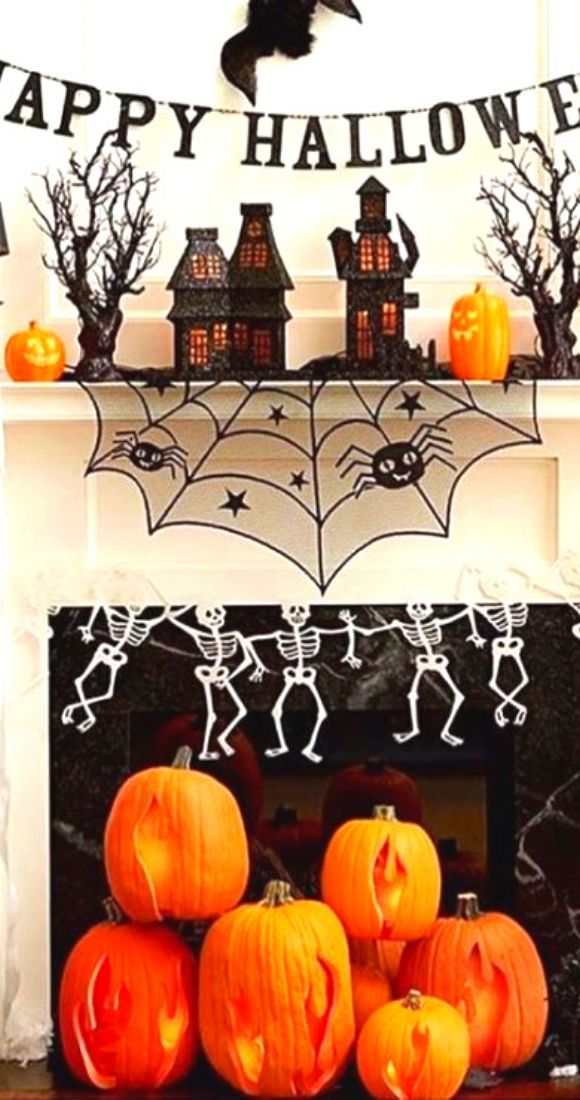 Skeleton garland pumpkins spiderweb for Happy Halloween.