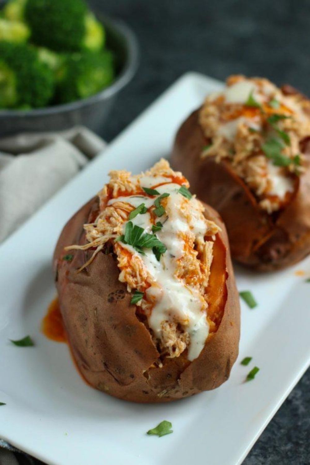 Slow Cooker Buffalo Chicken Stuffed Sweet Potato.