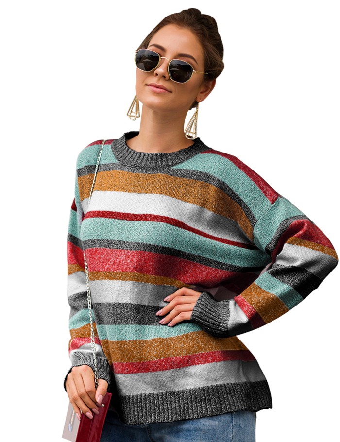 Tailored Green Long Sleeve Stripe Print Knit Sweater Women Clothes