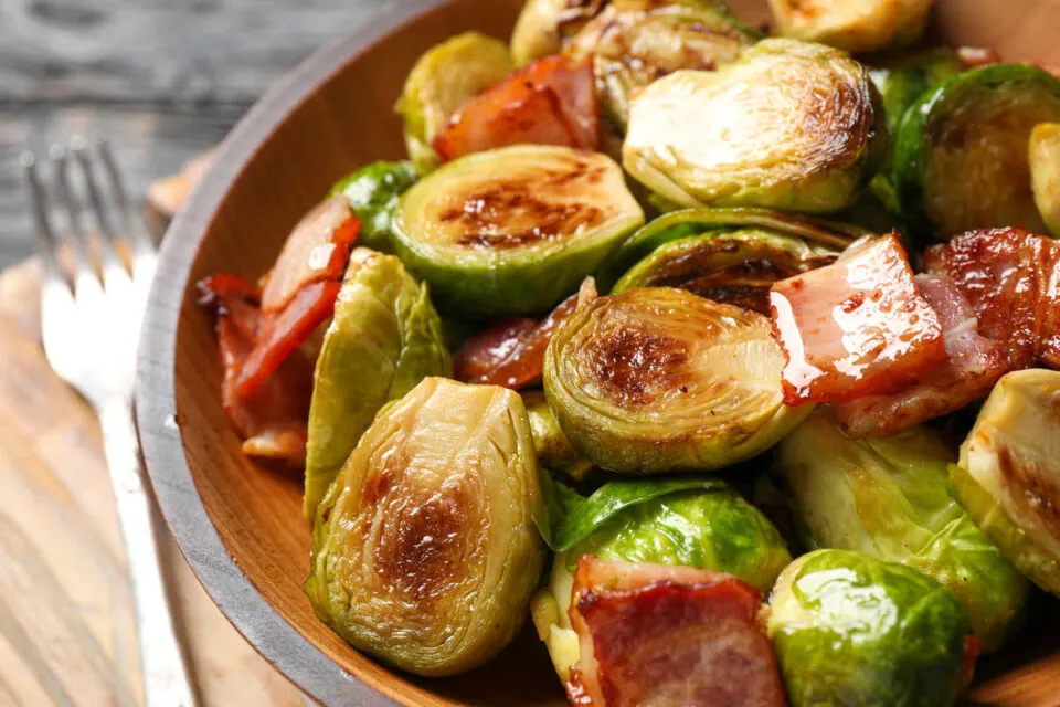 Caramelized Brussels Sprouts with Brown Sugar, Bacon, and Blue Cheese