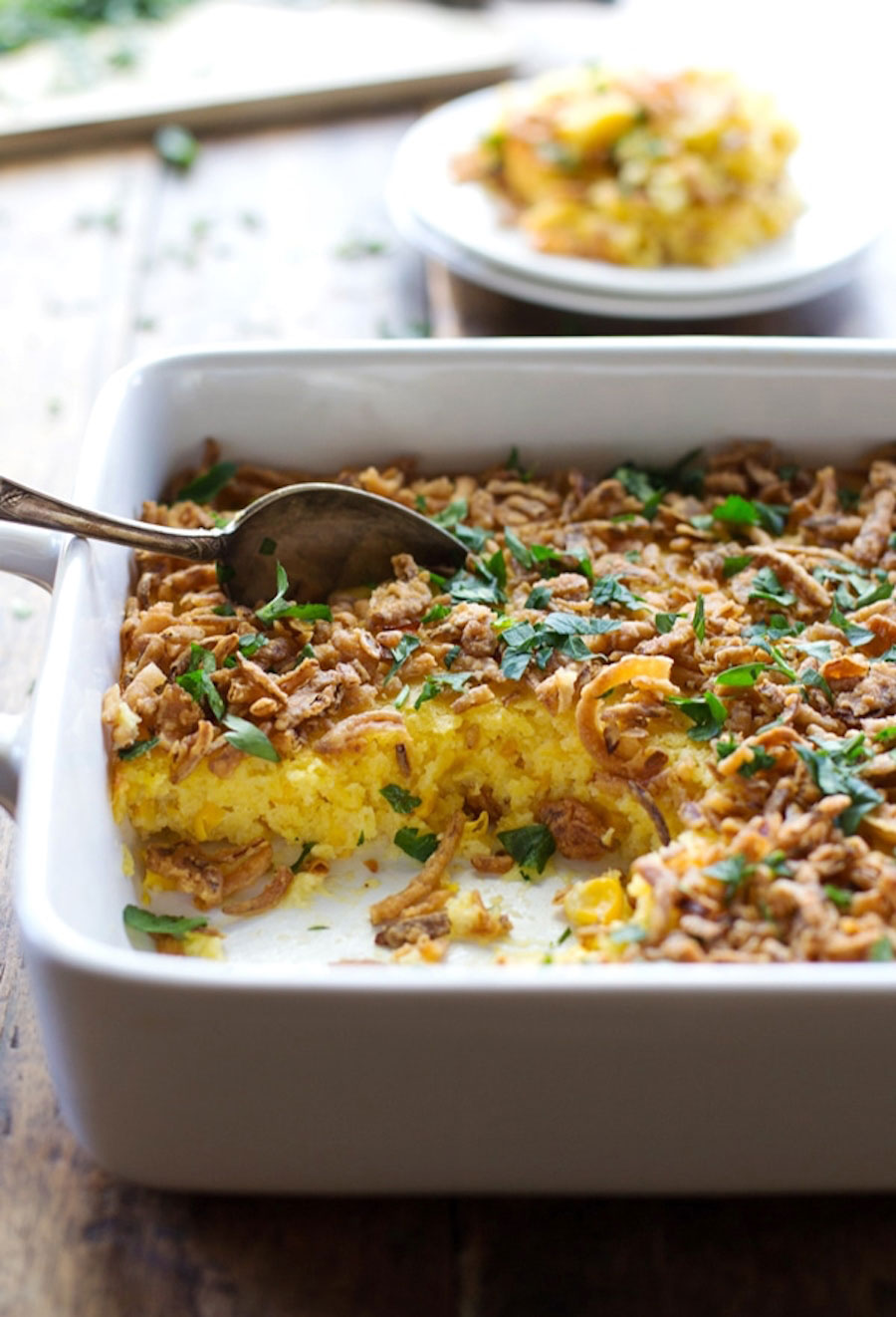 Creamy Corn Pudding with Crispy Onions and Herbs