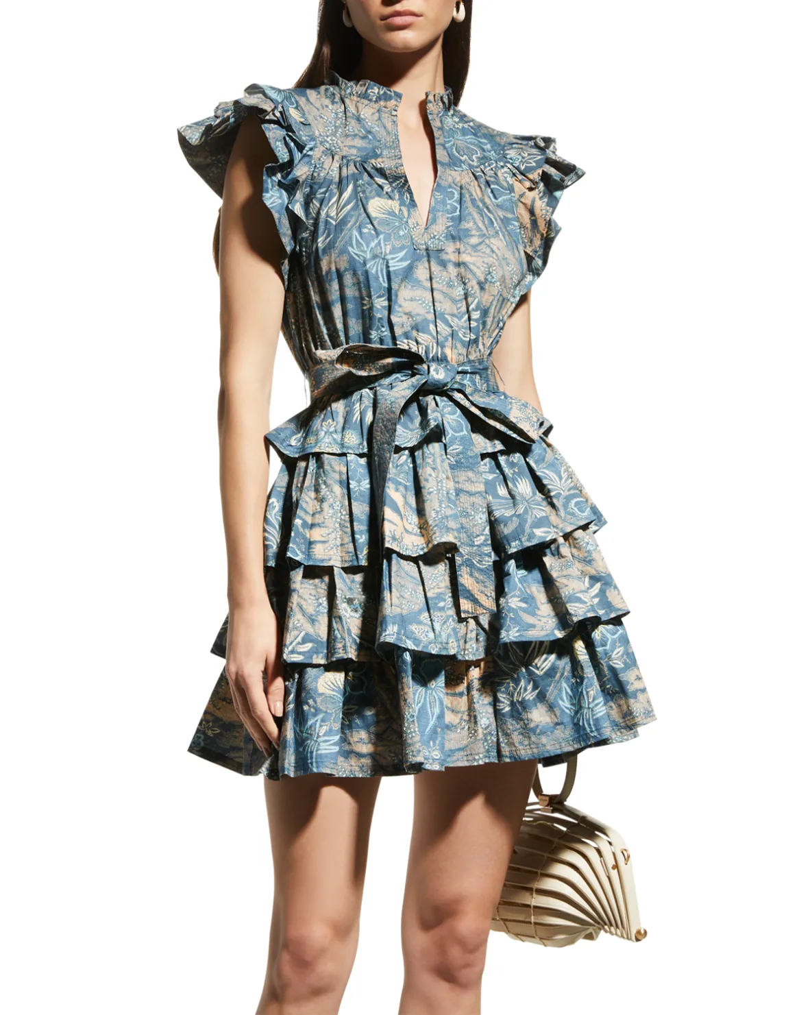 Lulua Frill-Sleeve Tiered-Ruffle Mini Dress
