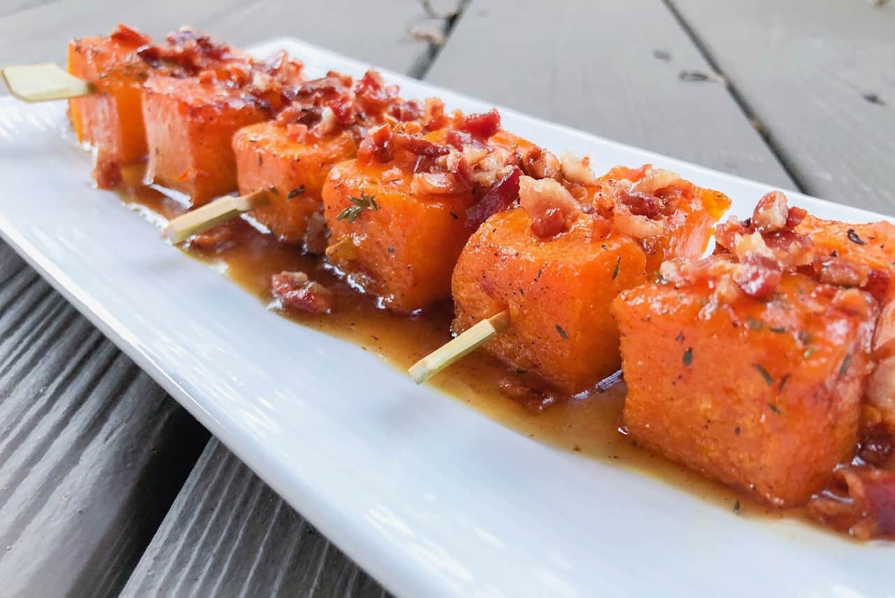 33 Best Toothpick Appetizers for a Party on a Budget 9 Maple Bacon Butternut Squash Skewers
