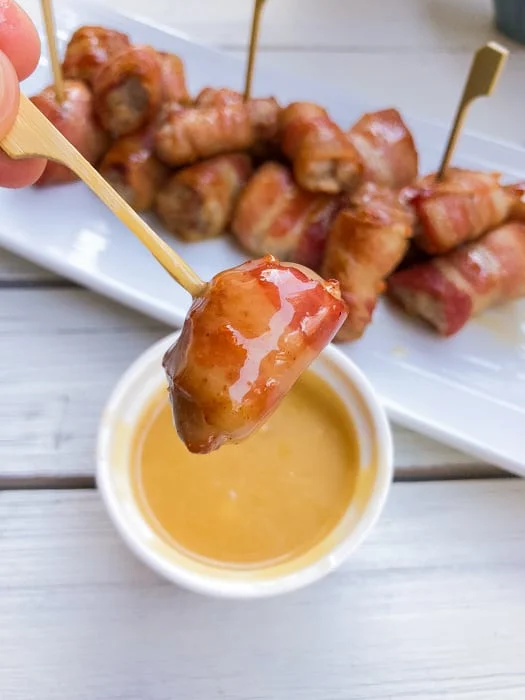 33 Best Toothpick Appetizers for a Party on a Budget 11 Maple Bacon Wrapped Pork Bites with Dipping Sauce