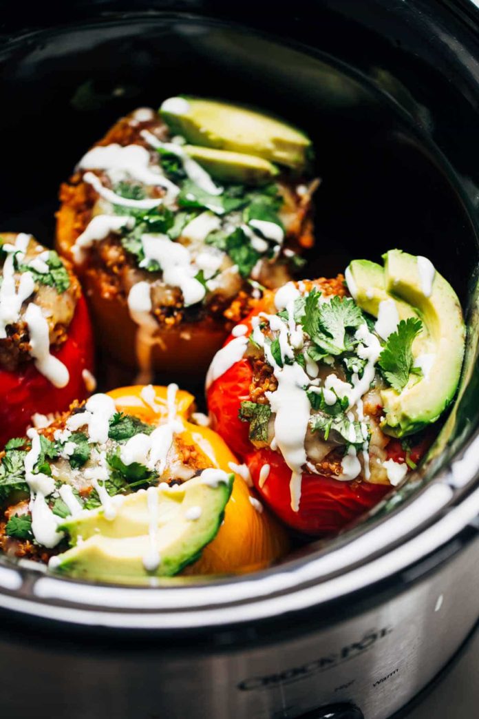 Quinoa Black Bean Crockpot Stuffed Peppers