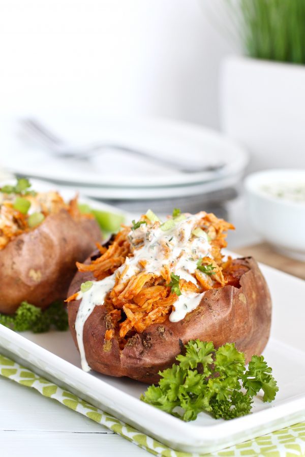 Slow Cooker Buffalo Chicken Stuffed Sweet Potatos