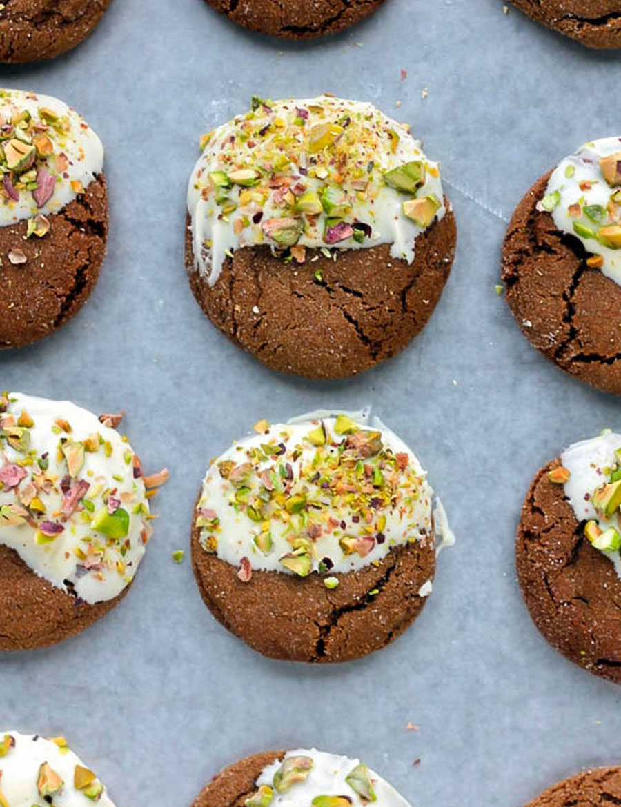 White Chocolate-Dipped Brown Butter Ginger Cookies with Pistachios