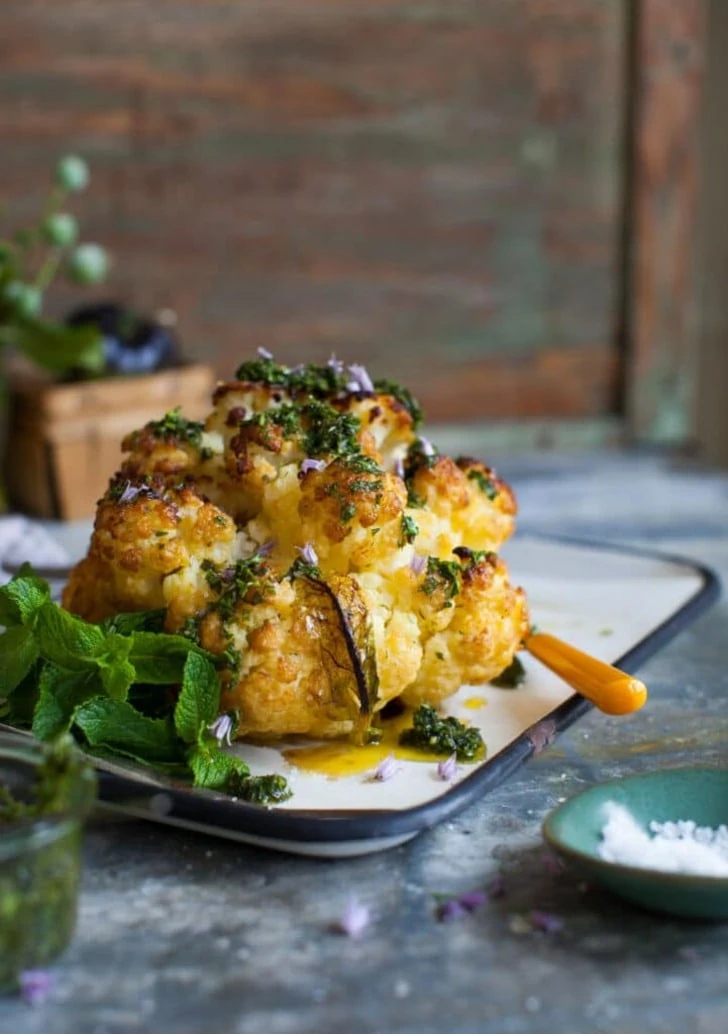 Whole Roasted Cauliflower with Minty Chimichurri