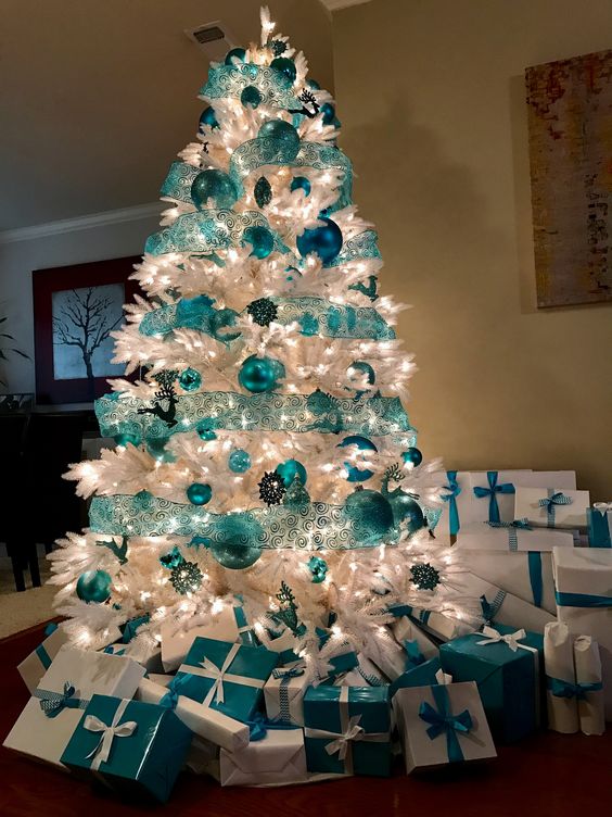 White tree with blue decor