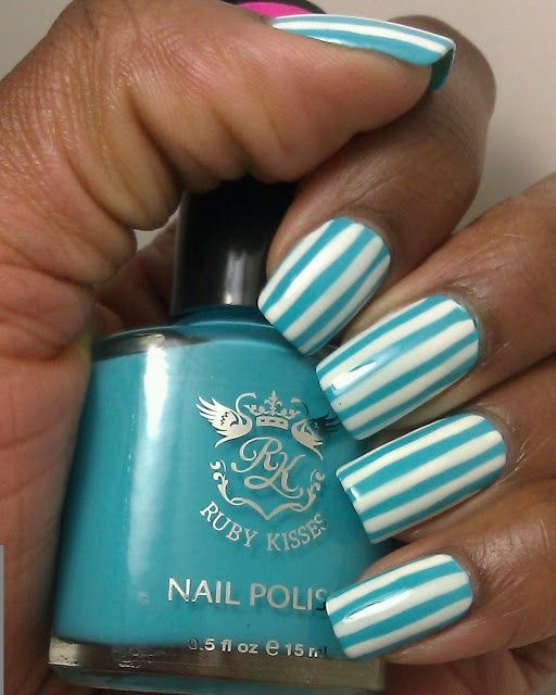 Teal and white striped stripes nail art free hand