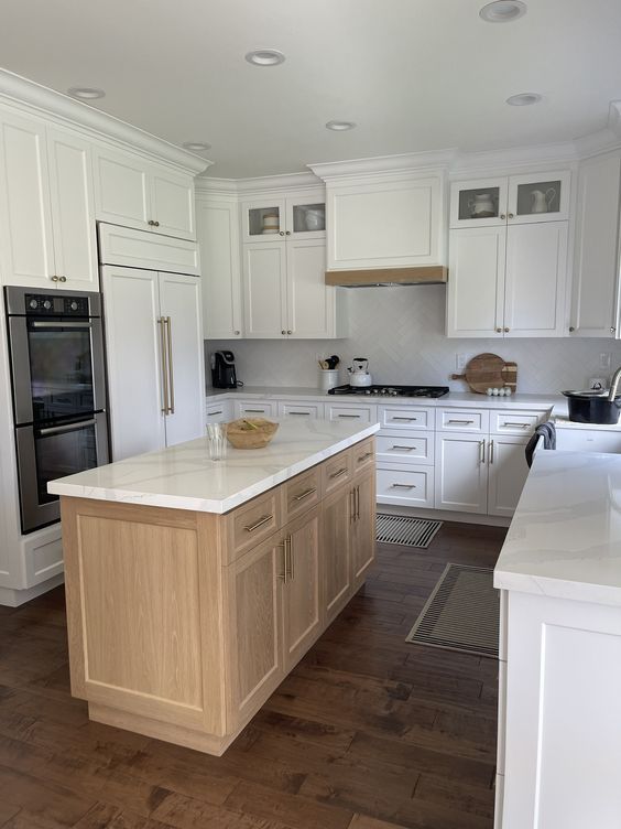 White Kitchen with White Oak Island